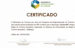 Jaciara recebe certificado do Programa de Regionalização do Turismo pelo Governo Federal