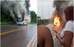 Ônibus com 40 passageiros é consumido pelo fogo na MT-240