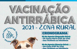 Vacinação antirrábica em cães e gatos começa dia 02 de agosto na zona rural