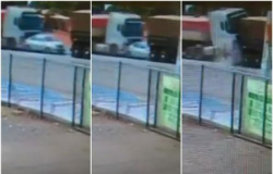 Vídeo mostra carro sendo esmagado entre 2 caminhões em VG