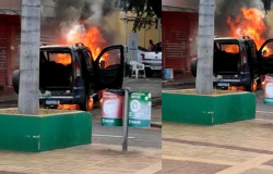 Vídeos mostram carro sendo consumido por fogo no centro de Cuiabá