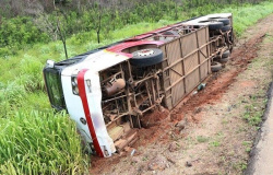 Nova Mutum : Ônibus com 39 passageiros tomba nas margens da BR-163